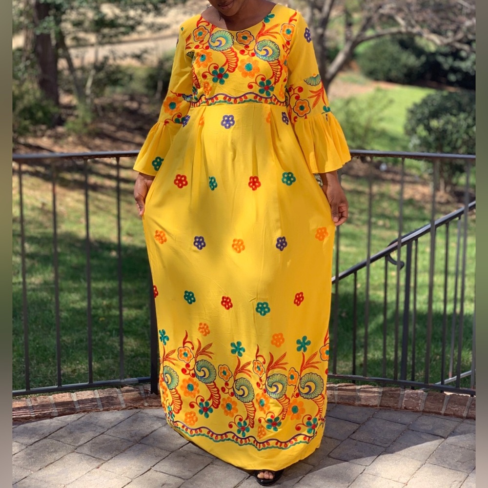 Yellow Multicolor Embroidered Bell Sleeve Maxi Dress